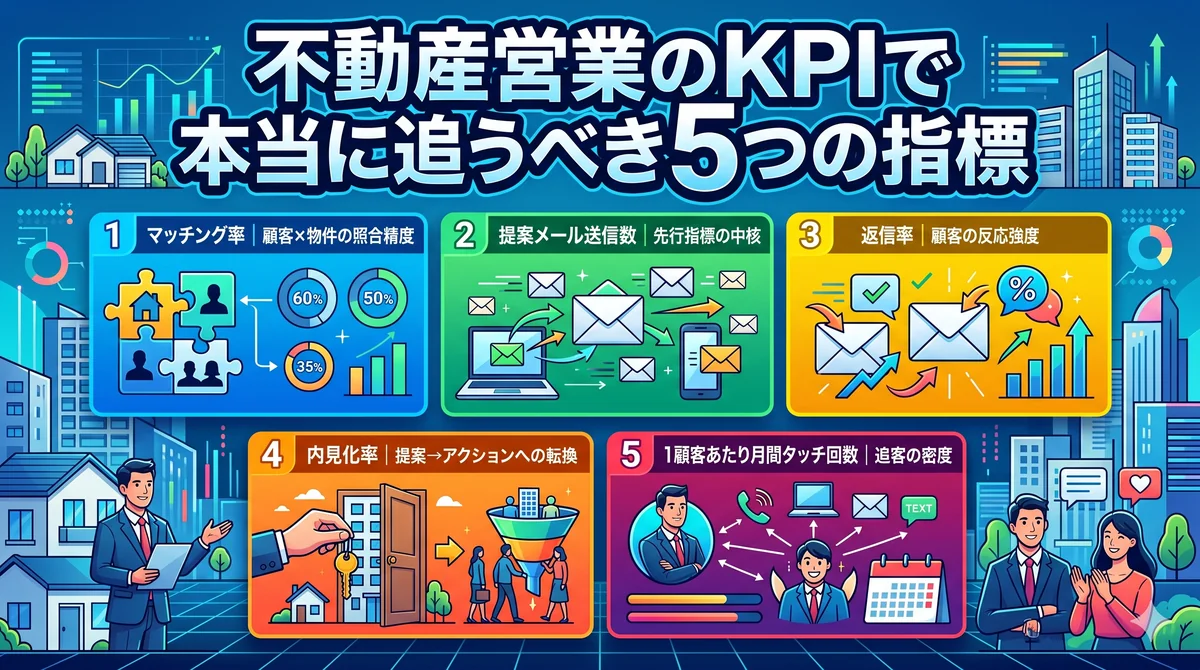 不動産営業の KPI で追うべき 5 つの指標を示すインフォグラフィック